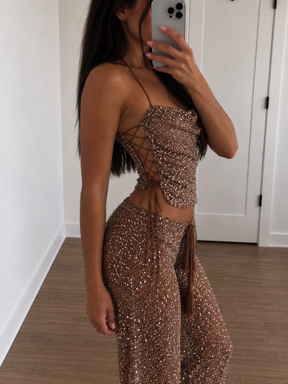 Jaded London Deva Sequin Knit Corset Top in Brown - Picture 3 of 6